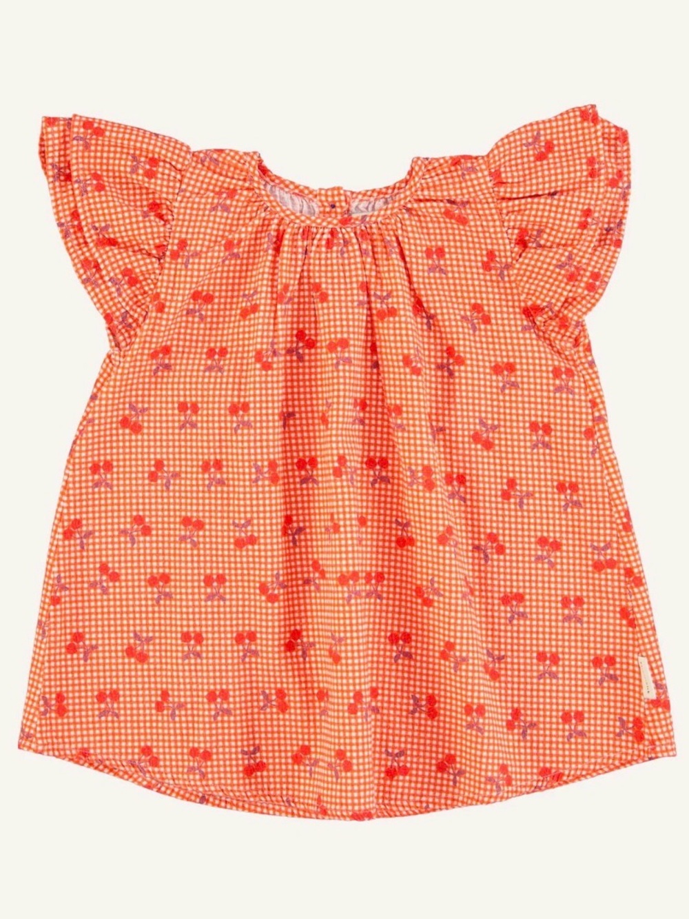 Girls' Gingham Cherry Flutter-Sleeve Blouse